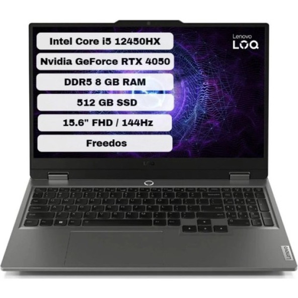 Lenovo Loq 15IAX9 83GS007WTR Intel Core I5 12450HX 8gb 512GB SSD Rtx 4050 Freedos 15.6" Fhd Taşınabilir Bilgisayar