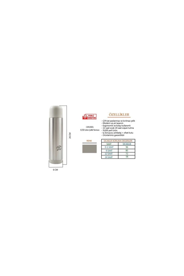 Cooker çelik matara termos  - çelik su çay termosu 500 ml. ckr2001 gri - 2