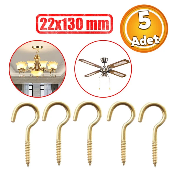 Metal Piton Vidalı Gerdirme 22x130 Çekme Kaldırma Tavan Açık Ağız Kancalı Avize Asma Kiti 5 Adet