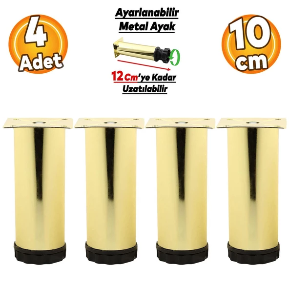 Ayarlanabilir Dolap Mobilya Kanepe Baza Koltuk Metal Destek Yükseltici Ayağı 10 cm Gold Ayakları 4 Adet