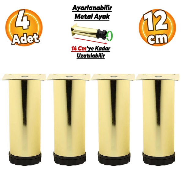 Ayarlanabilir Mobilya Kanepe Baza Koltuk Metal Destek Yükseltici Ayağı 12 cm Gold Ayakları 4 Adet