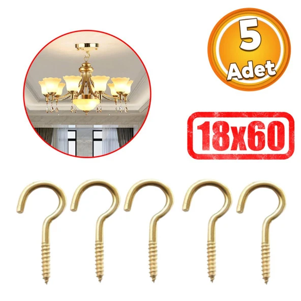 Metal Piton Vidalı Gerdirme 18x60 Çekme Kaldırma Tavan Açık Ağız Kancalı Avize Asma Kiti 5 Adet ürün görseli