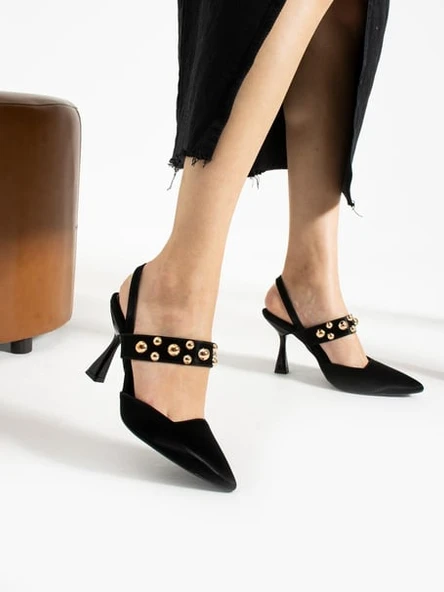 Feles Zımba Detaylı Topuklu Arkası Açık Kadın Stiletto Ayakkabı - Resim 3