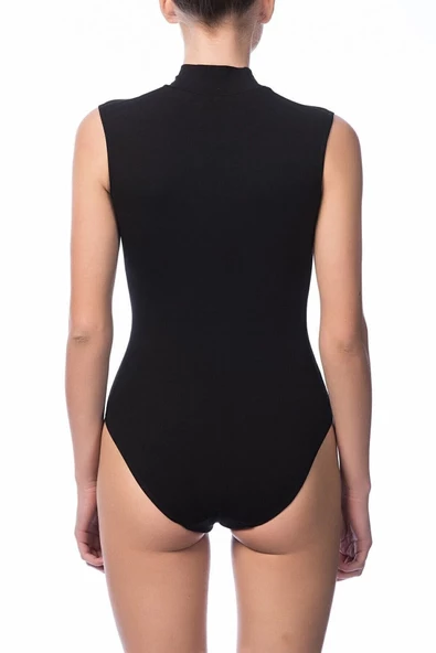 Siyah Kolsuz Boğazlı Çıtçıtlı Body - Resim 2