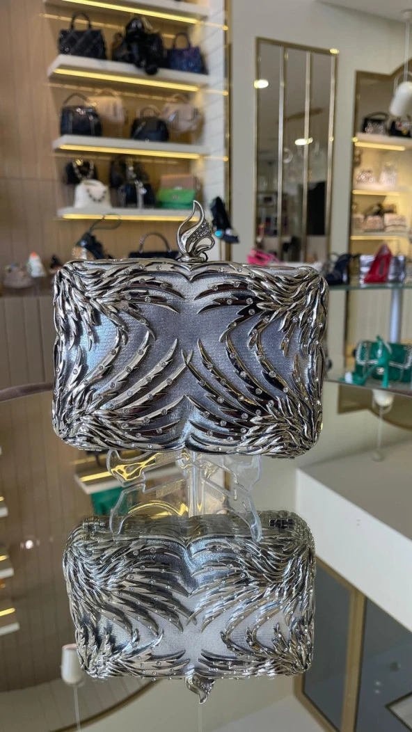 İthal Metal Taşlı Kare Model Abiye Çanta - 8