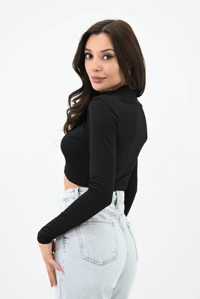 Kadın Dik yaka Drapeli Kapaklı Crop Bluz 1655-24 - 8