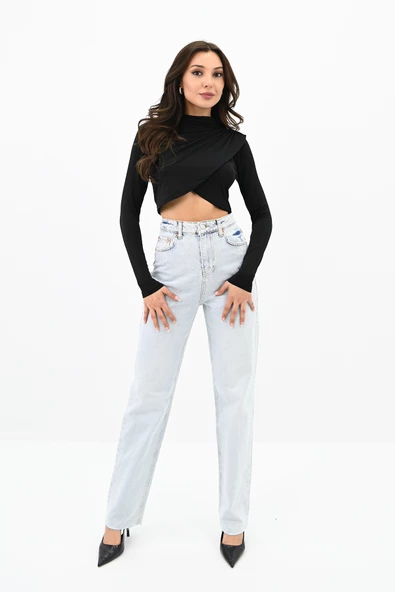 Kadın Dik yaka Drapeli Kapaklı Crop Bluz 1655-24 - 3