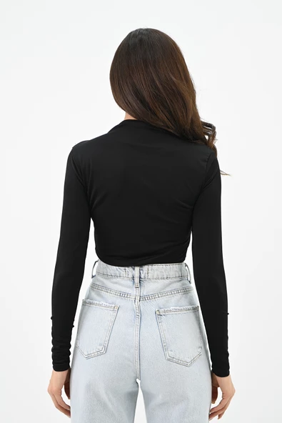 Kadın Dik yaka Drapeli Kapaklı Crop Bluz 1655-24 - 4