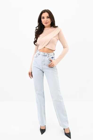 Kadın Dik yaka Drapeli Kapaklı Crop Bluz 1655-24 - 11