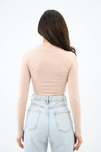 Kadın Dik yaka Drapeli Kapaklı Crop Bluz 1655-24 - 12