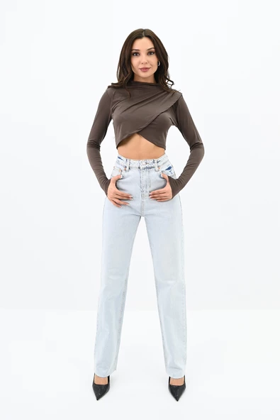 Kadın Dik yaka Drapeli Kapaklı Crop Bluz 1655-24 - 6