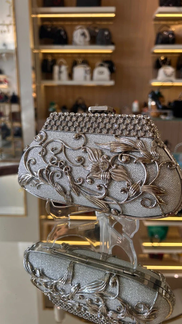 İthal Oval Model Çiçek Desen Kadın Abiye Çanta - 6