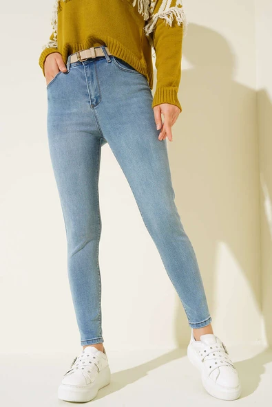 Yüksek Bel Dar Paça Jean Pantolon Açık Mavi - 2