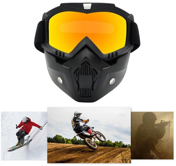 Cross Motosiklet Bisiklet Gözlüğü Açık Kask Maskesi Süngerli Bant Lastikli Jet Maske Sarı Cam - 2