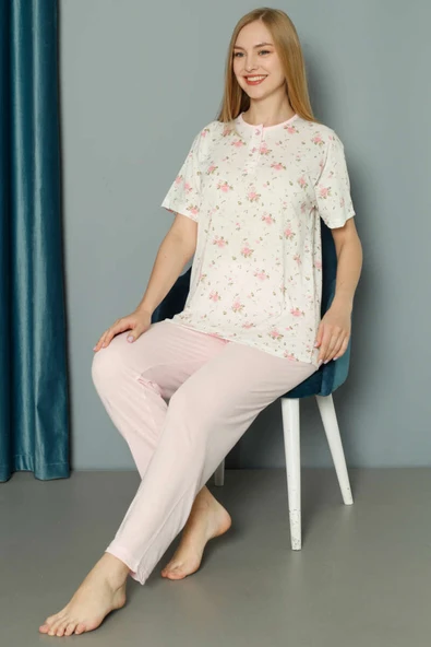 Desenli Viskon Pijama Takımı Pembe - Resim 2