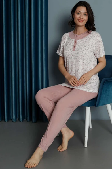 Mini Çiçekli Viskon Pijama Takımı Lila - 2