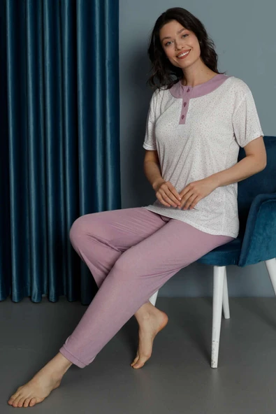 Mini Çiçekli Viskon Pijama Takımı Gül Kurusu ürün görseli 1