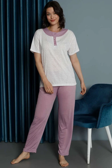 Mini Çiçekli Viskon Pijama Takımı Gül Kurusu - Resim 2