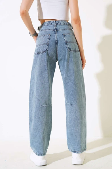 Baggy Yan Tokalı Kot Pantolon Açık Kar - Resim 3