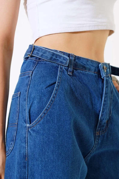 Baggy Yan Tokalı Kot Pantolon Koyu Mavi - Resim 4