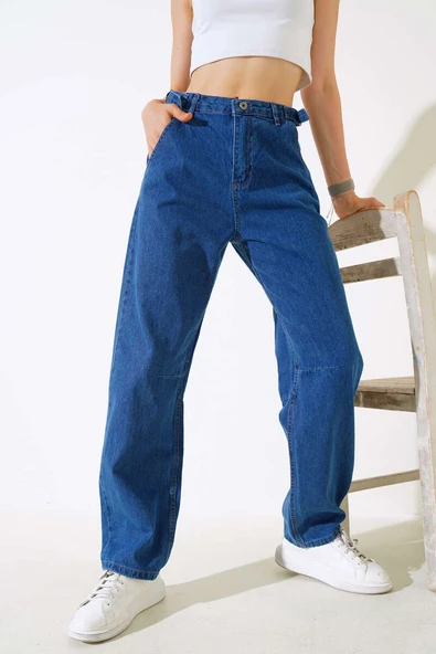 Baggy Yan Tokalı Kot Pantolon Koyu Mavi - Resim 2
