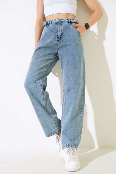 Baggy Yan Tokalı Kot Pantolon Açık Kar - Resim 2