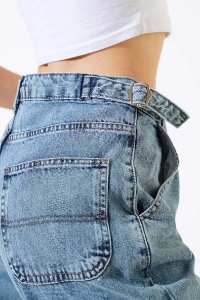 Baggy Yan Tokalı Kot Pantolon Açık Kar - Resim 4