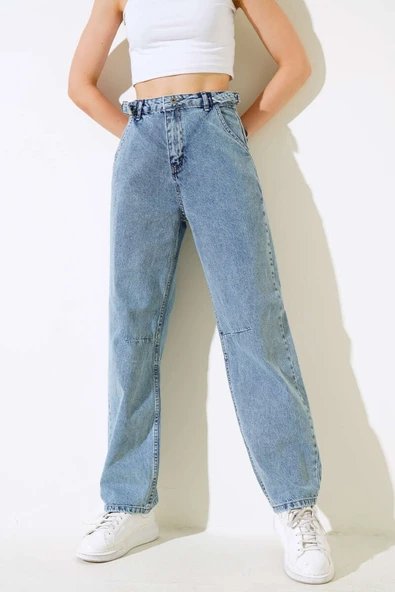 Baggy Yan Tokalı Kot Pantolon Açık Kar ürün görseli