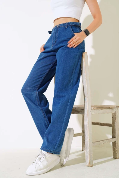 Baggy Yan Tokalı Kot Pantolon Koyu Mavi ürün görseli 1