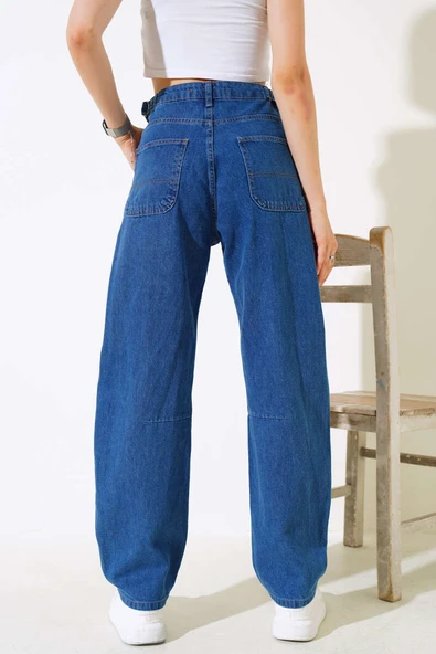 Baggy Yan Tokalı Kot Pantolon Koyu Mavi - Resim 3