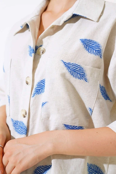 Yaprak Desenli Şortlu İkili Takım Saks - Resim 4