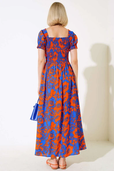 Karışık Desenli Viskon Dokuma Elbise  Saks Oranj - Resim 3