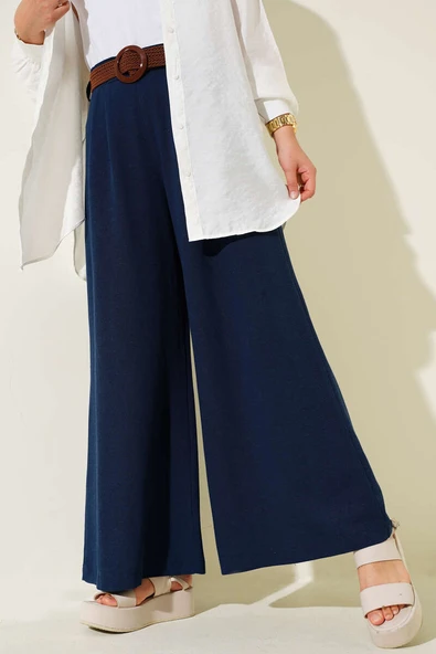 Kemer Detaylı Bol Paça Pantolon Lacivert - Resim 2