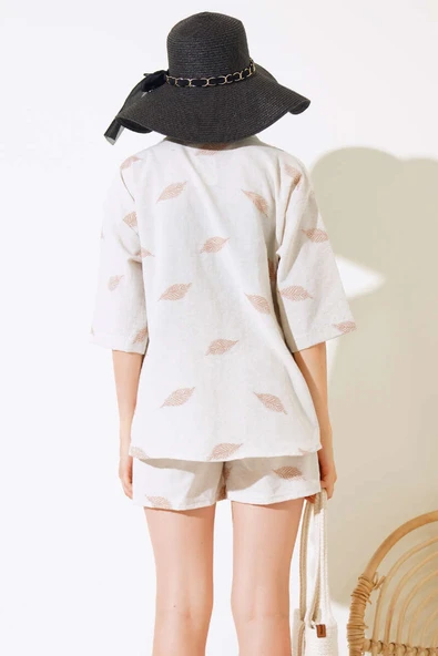 Yaprak Desenli Şortlu İkili Takım Latte - Resim 3