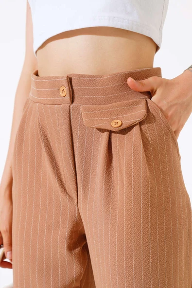 Cepli Çizgili Pantolon Camel - 4