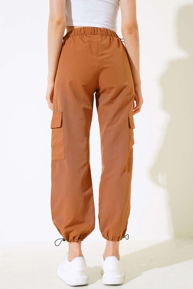 Bel Ve Paça Lastikli Kargo Cep Paraşüt Pantolon Camel - Resim 3