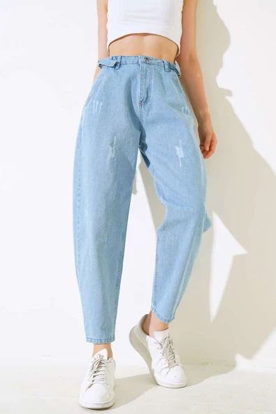 Boyfriend Tokalı Kot Pantolon Mavi - Resim 2