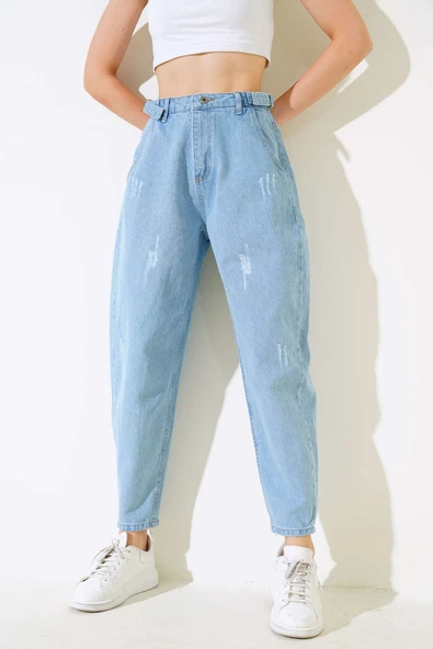 Boyfriend Tokalı Kot Pantolon Mavi ürün görseli 1