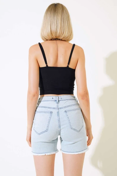 Püsküllü Kot Şort Buz Mavisi - Resim 3