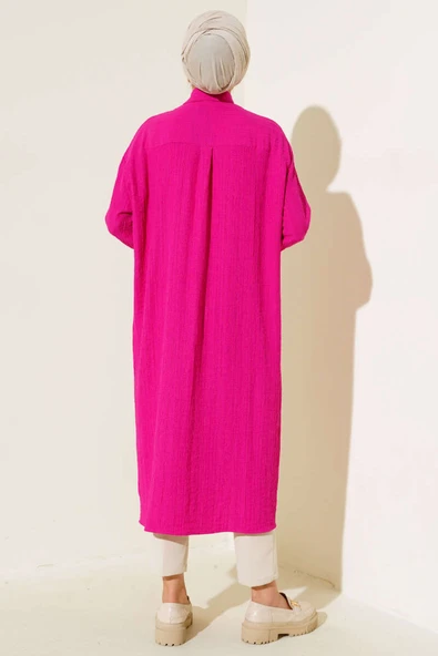 Boydan Düğmeli Uzun Tunik Fusya - Resim 3