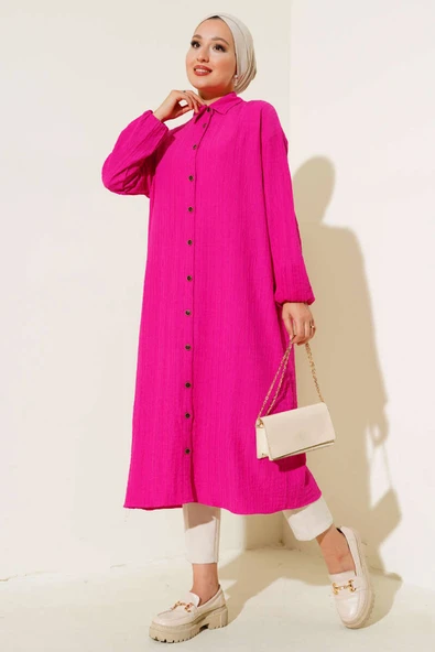 Boydan Düğmeli Uzun Tunik Fusya ürün görseli