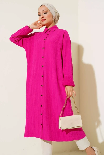 Boydan Düğmeli Uzun Tunik Fusya - Resim 2