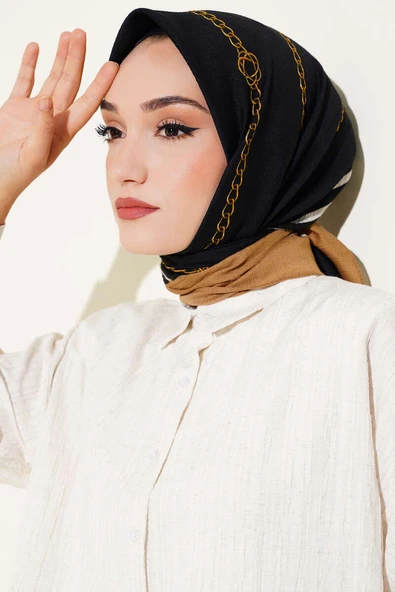 Zincir Desen Mio Cazz Eşarp Siyah Camel - 2