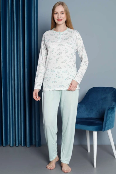 Mini Gül Desen Uzun Kol Pijama Takımı Mint