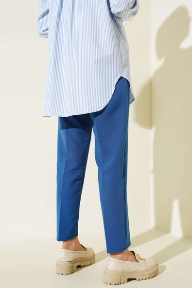 İp Detaylı Beli Lastikli Dar Paça Pers Mavi Pantolon - 3