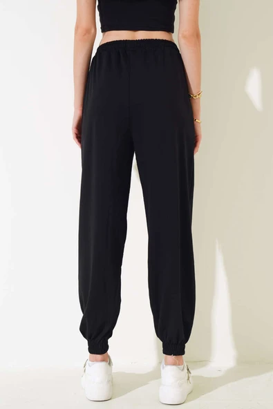 İki İp Paça Lastikli Jogger Pantolon Siyah - Resim 3