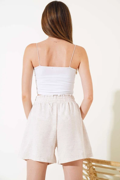 Cepli Keten Şort Bej - Resim 3