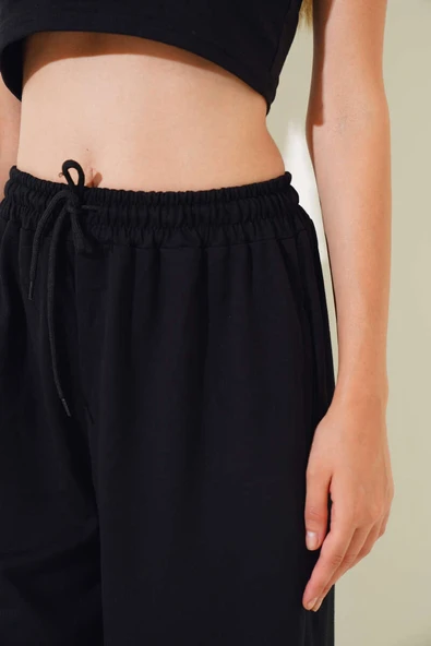 İki İp Paça Lastikli Jogger Pantolon Siyah - Resim 4