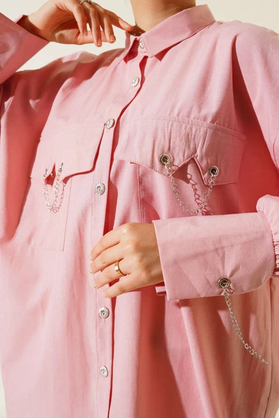 Cep ve Manşet Zincirli Gömlek Pudra - Resim 4