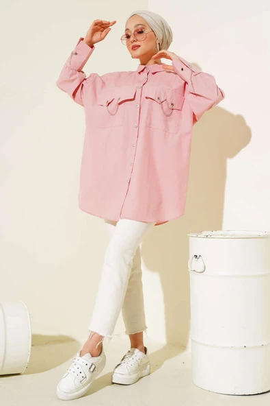 Cep ve Manşet Zincirli Gömlek Pudra - Resim 2